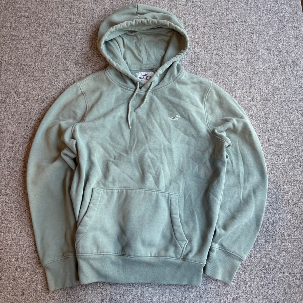 Hollister Hoodie Mens M Sage Green Pullover Seagull Logo Fleece Pocket Casual